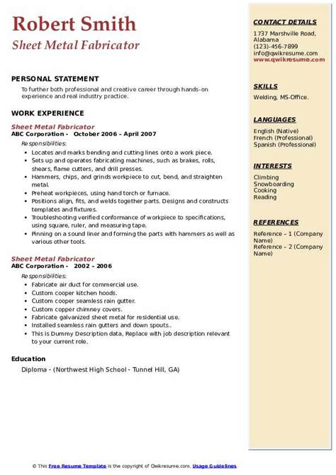 sheet metal worker resume sample|sheet metal fabrication resume.